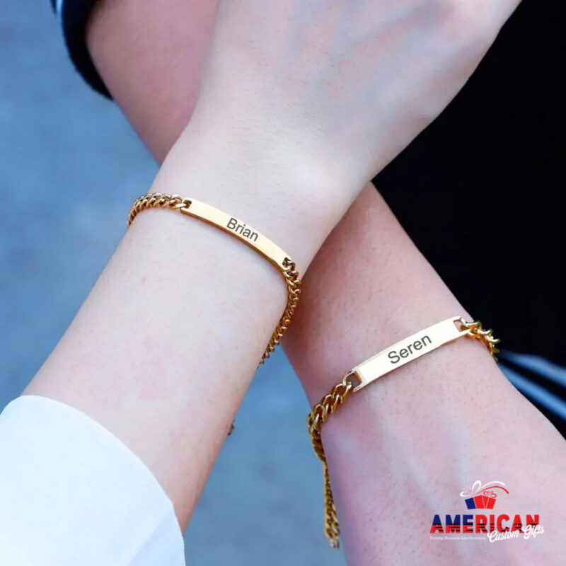 Custom Engraved Couples Bracelet Set – His and Her Matching Bracelets – Silver & Gold – Personalized Name Jewelry