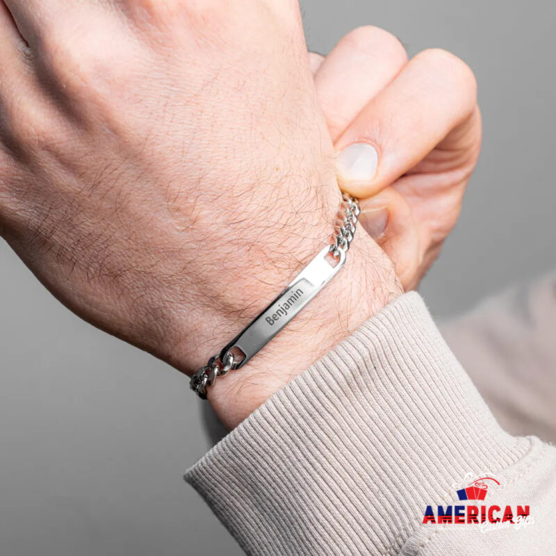 Mens Silver Bracelet, Custom Engraved Bracelet for Guys With Curb Chain