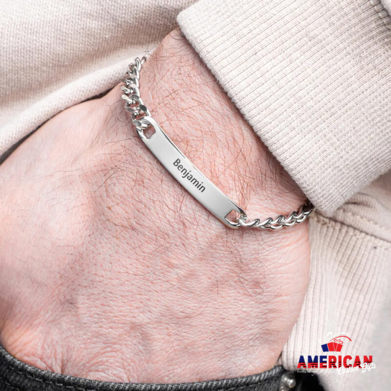 Mens Silver Bracelet, Custom Engraved Bracelet for Guys With Curb Chain