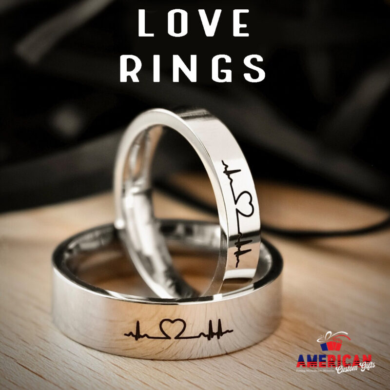 Couple Rings Heart Cardiogram, Personalized His and Hers gift, Matching custom ring set